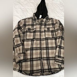 XL NEW Forever 21 Men's Fleece Shirt Jacket Button Up Taupe Plaid Long
